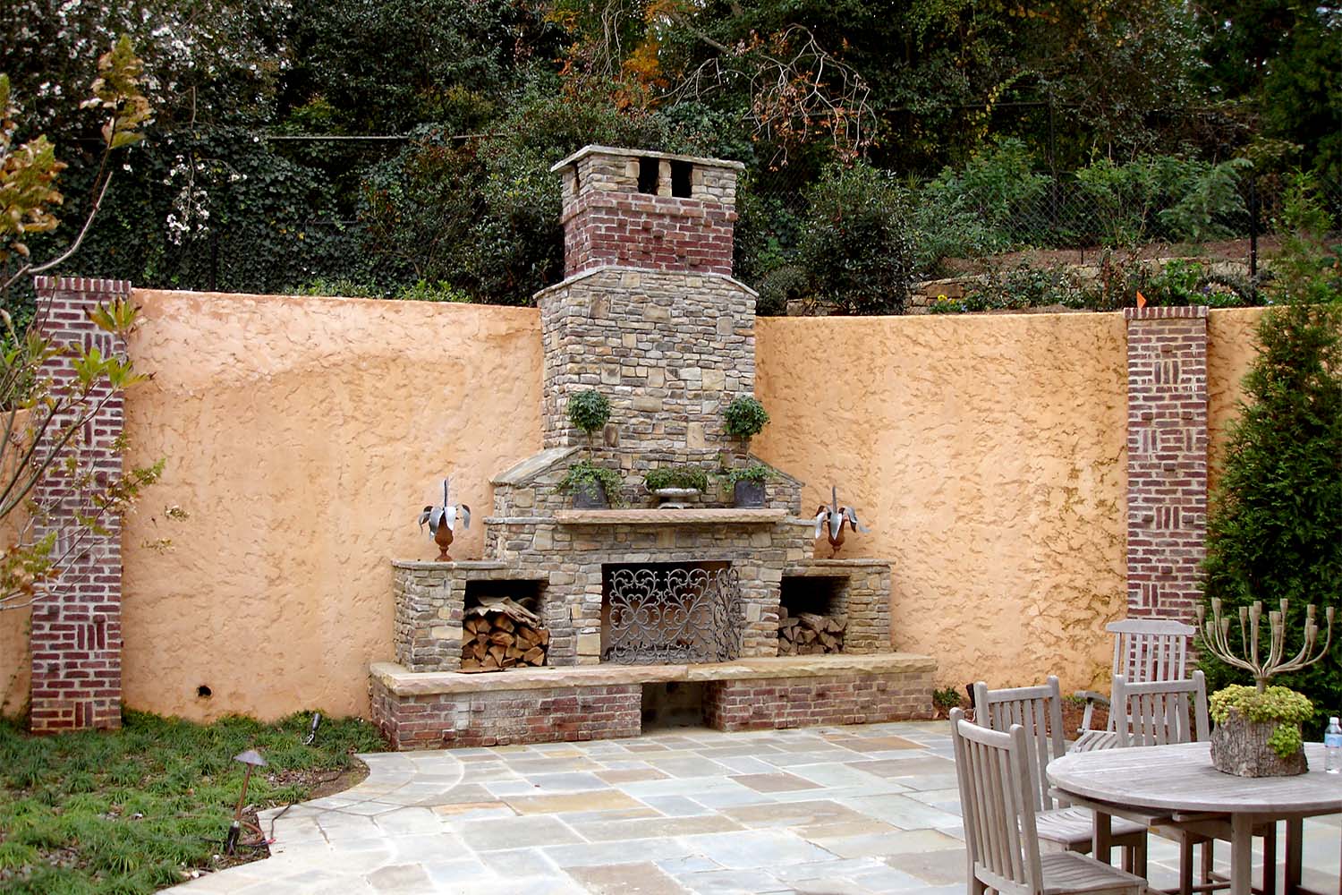 Exterior patio brick fireplace 