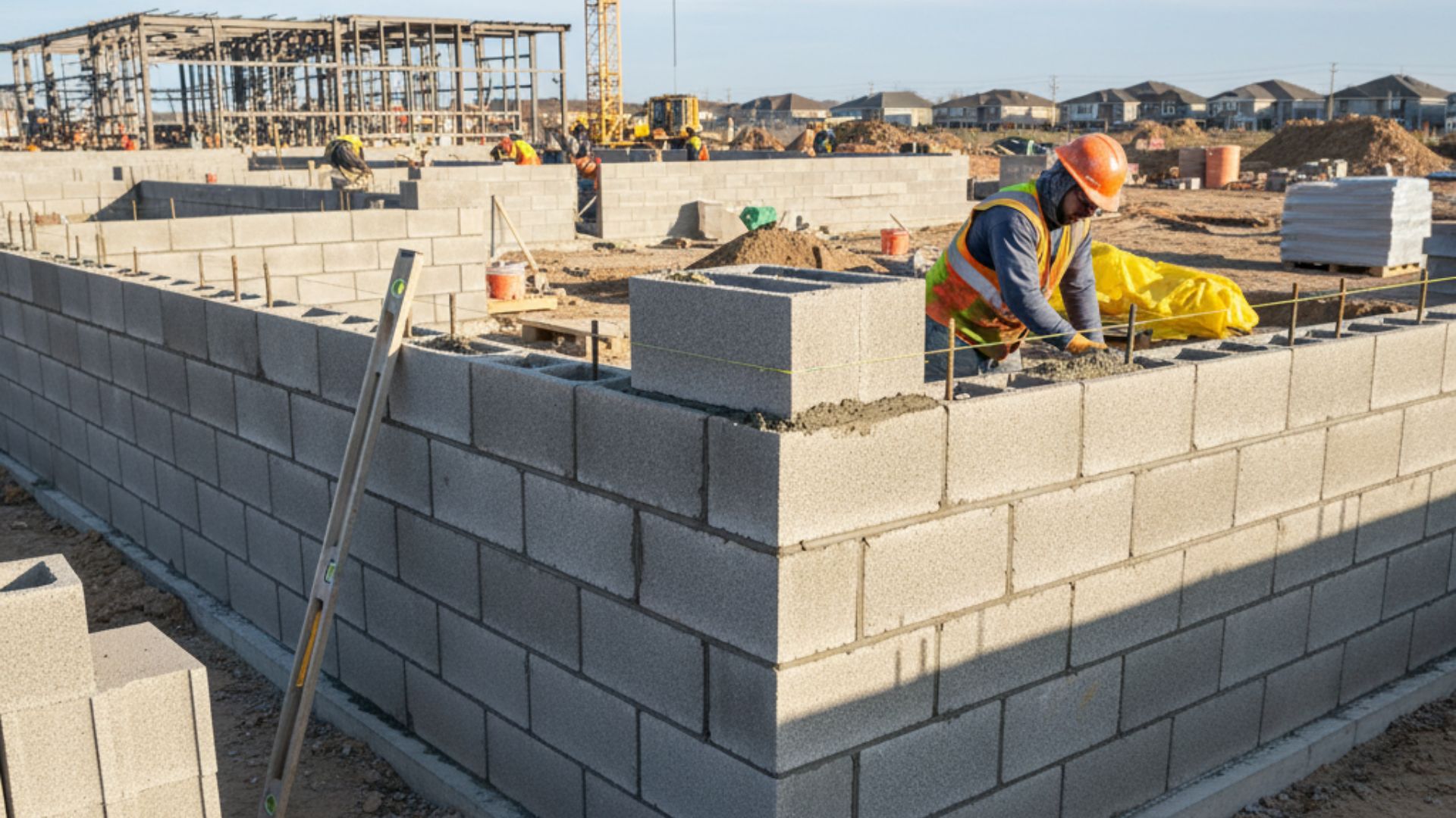 Work crew laying block foundation